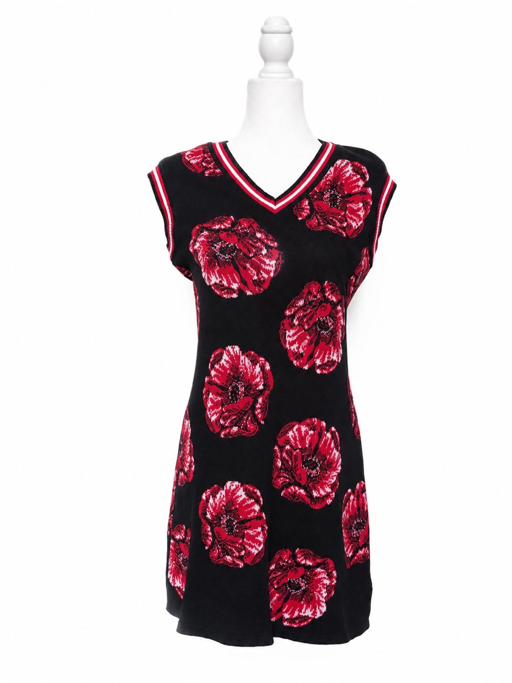 Designer Zalevskiy Black Red Poppy Knit Sweater Dress Size S Rare Statement Piec - Picture 7 of 14